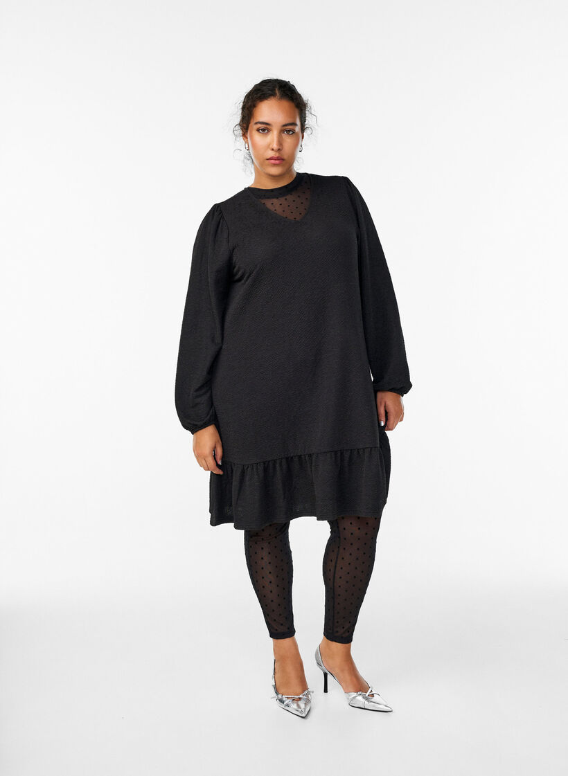 Legginsy z siateczki z welurowymi kropkami, Czarne, Model image number 0