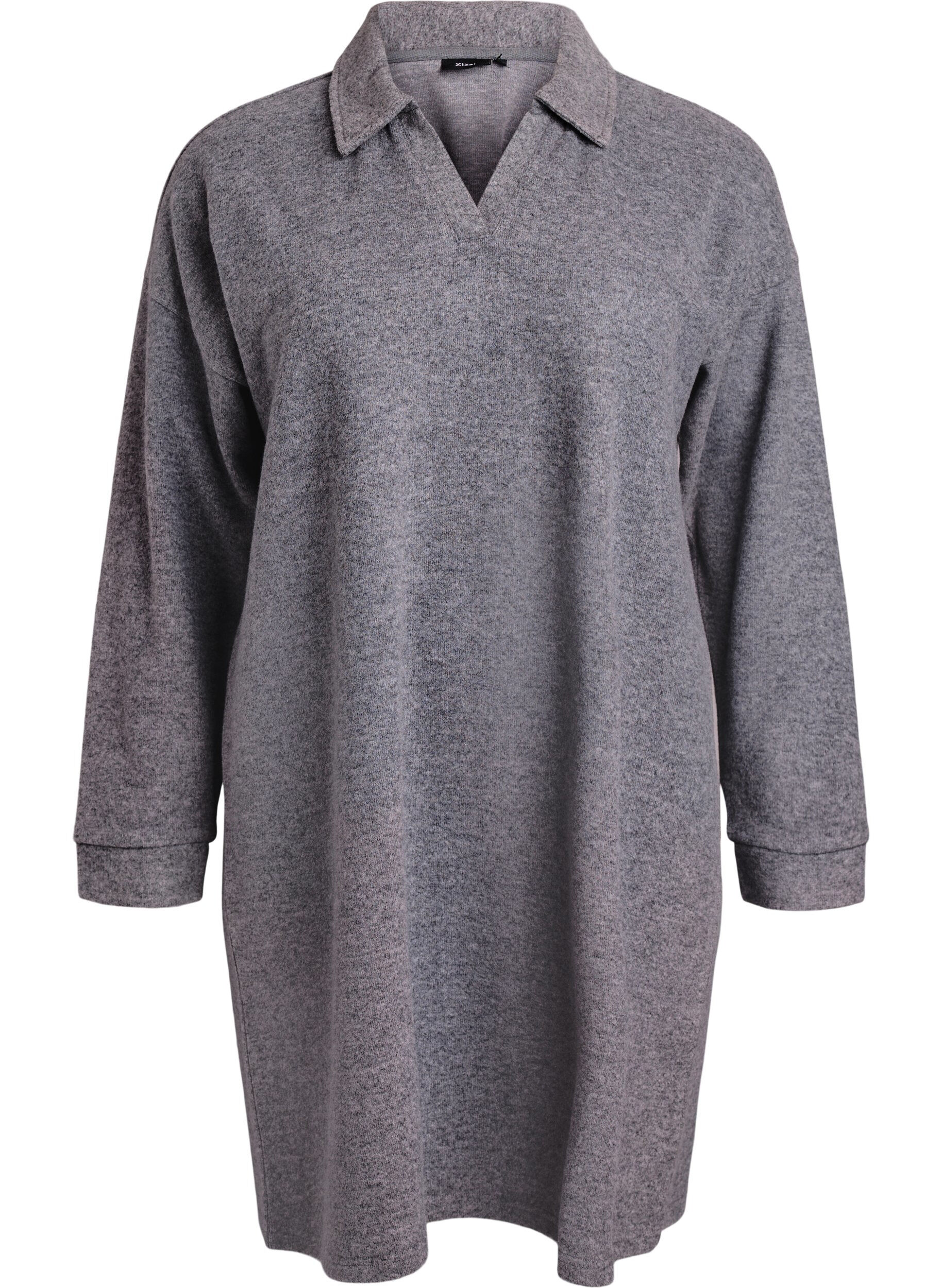 Sukienka dzianinowa do kolan z kolnierzem i dekoltem w serek