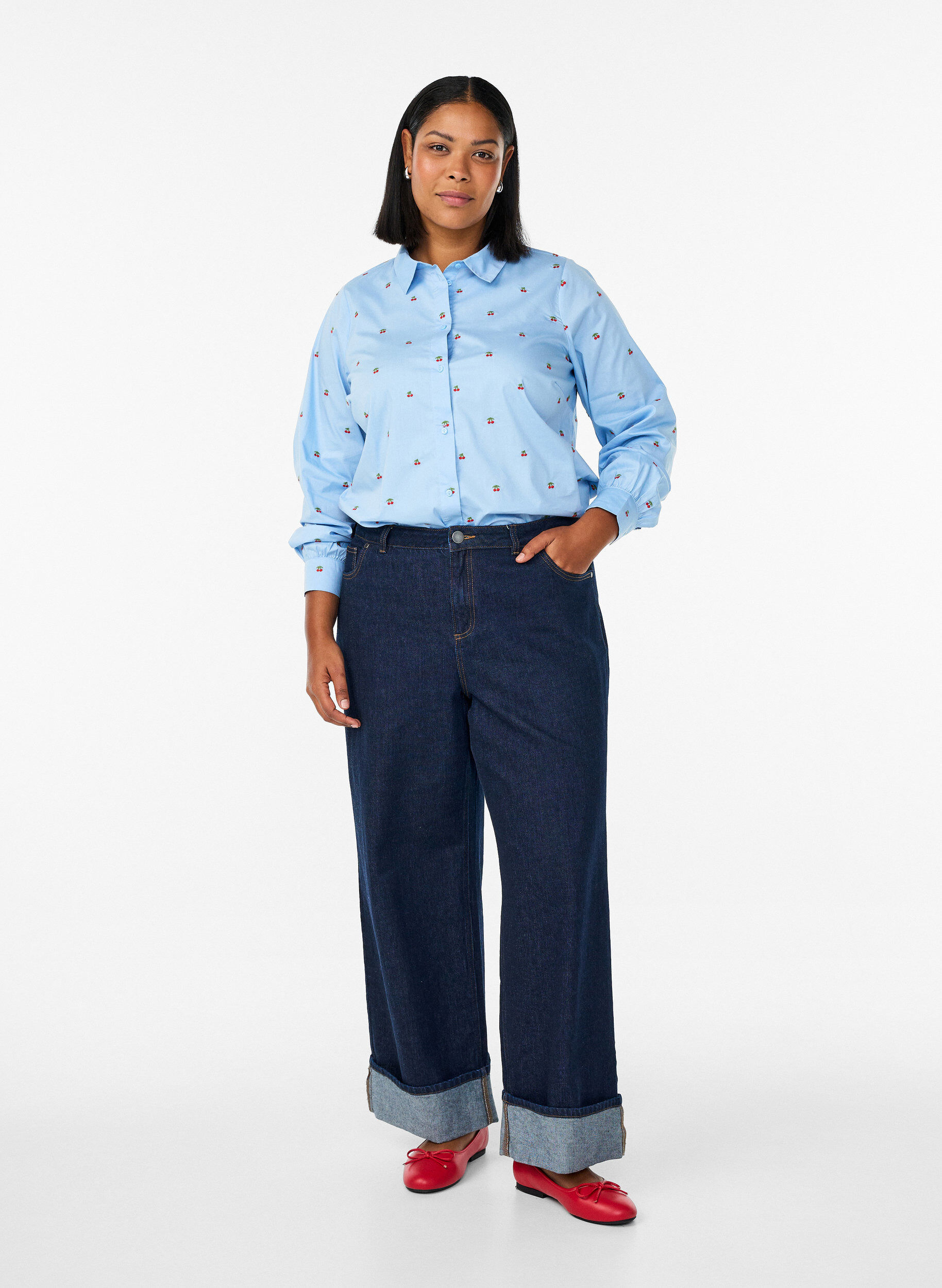 Zizzi Koszula z haftowanymi wizerunkami wisni, Niebieskie, Model image number 1