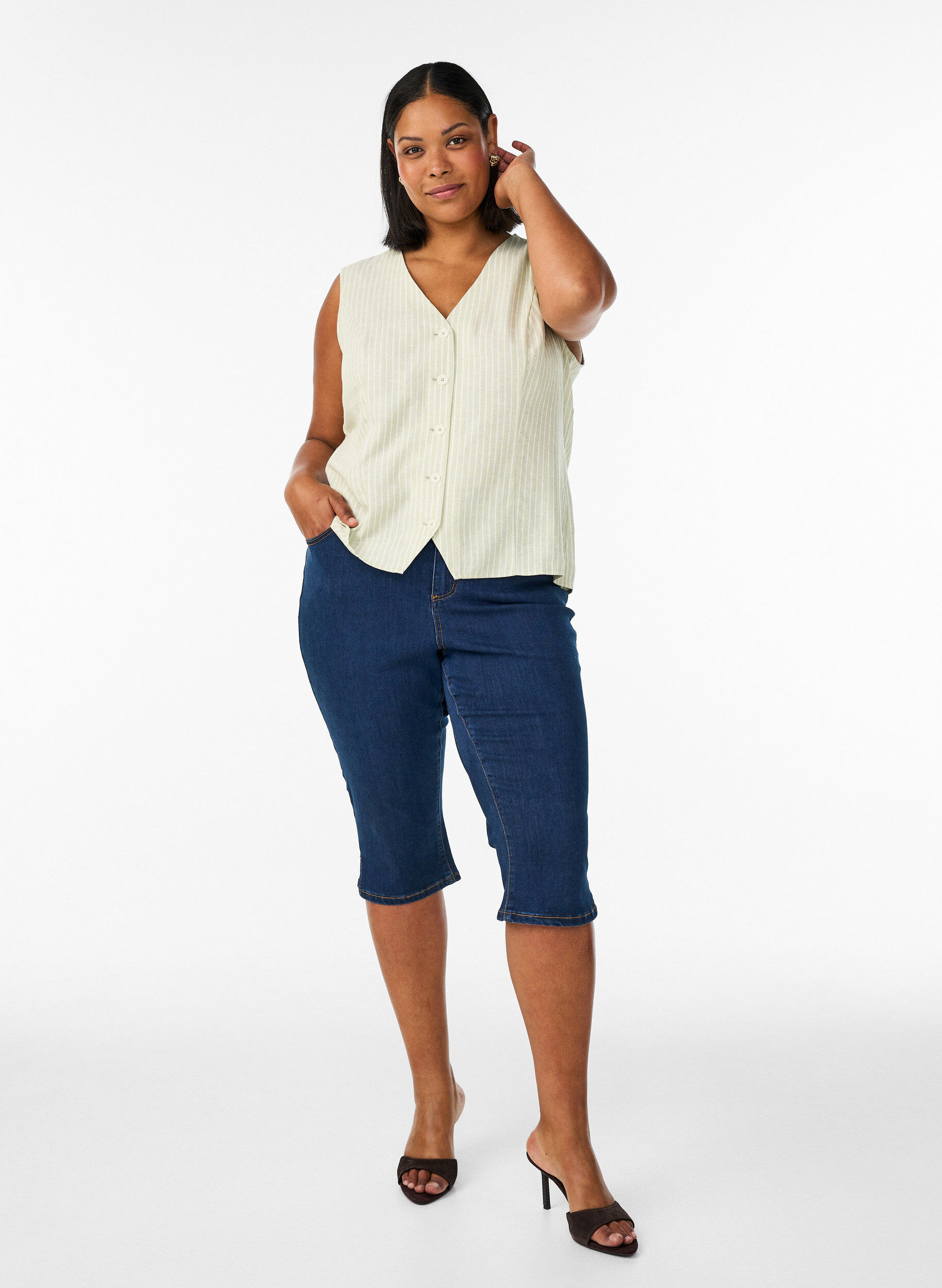 ZizziBezrekawnik w krate wykonany z lnu i wiskozy, Zielony, Model image number 1