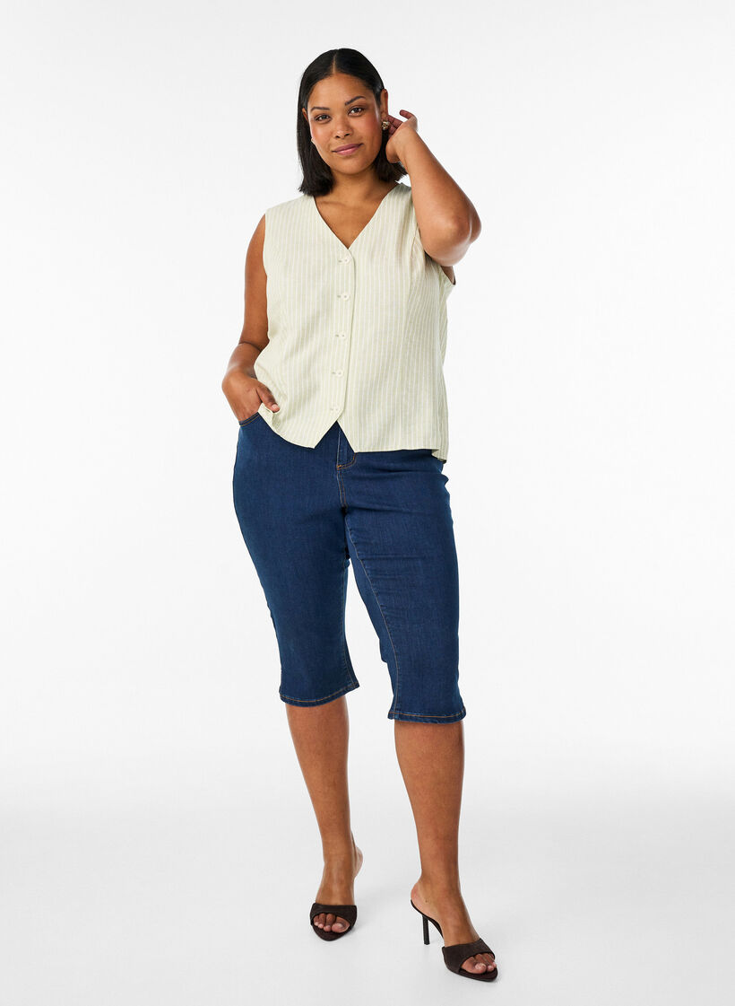 Bezrekawnik w krate wykonany z lnu i wiskozy, Zielony, Model image number 1