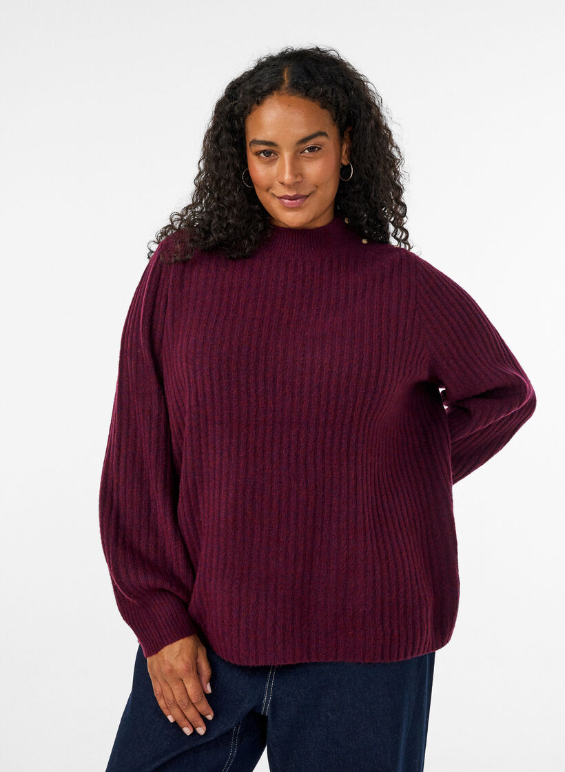 Prazkowany sweter z bufiastymi rekawami i guzikami, Ciemnobordowy, Model image number 0