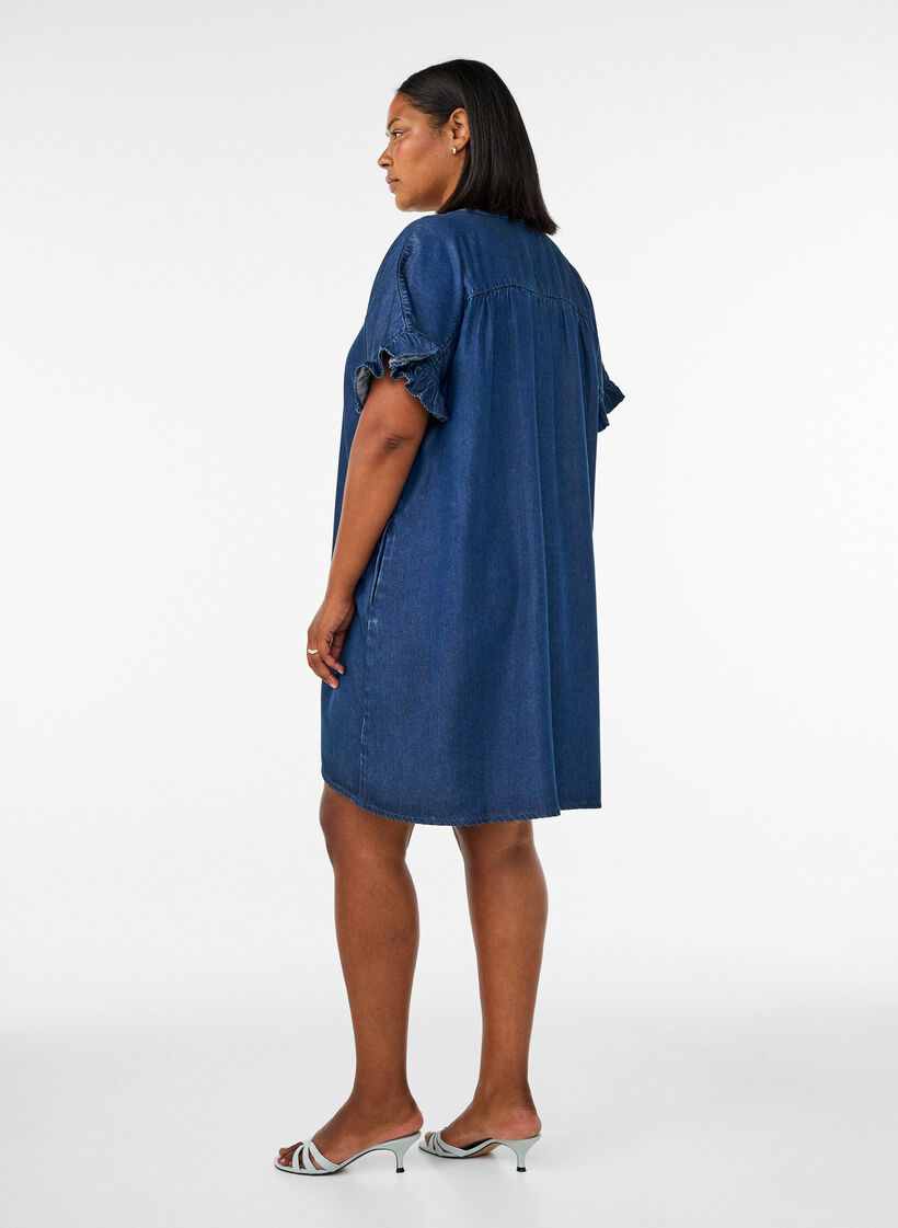 Sukienka w stylu denim z zapinaniem na guziki i falbankami na rekawach, Niebieskie, Model image number 2