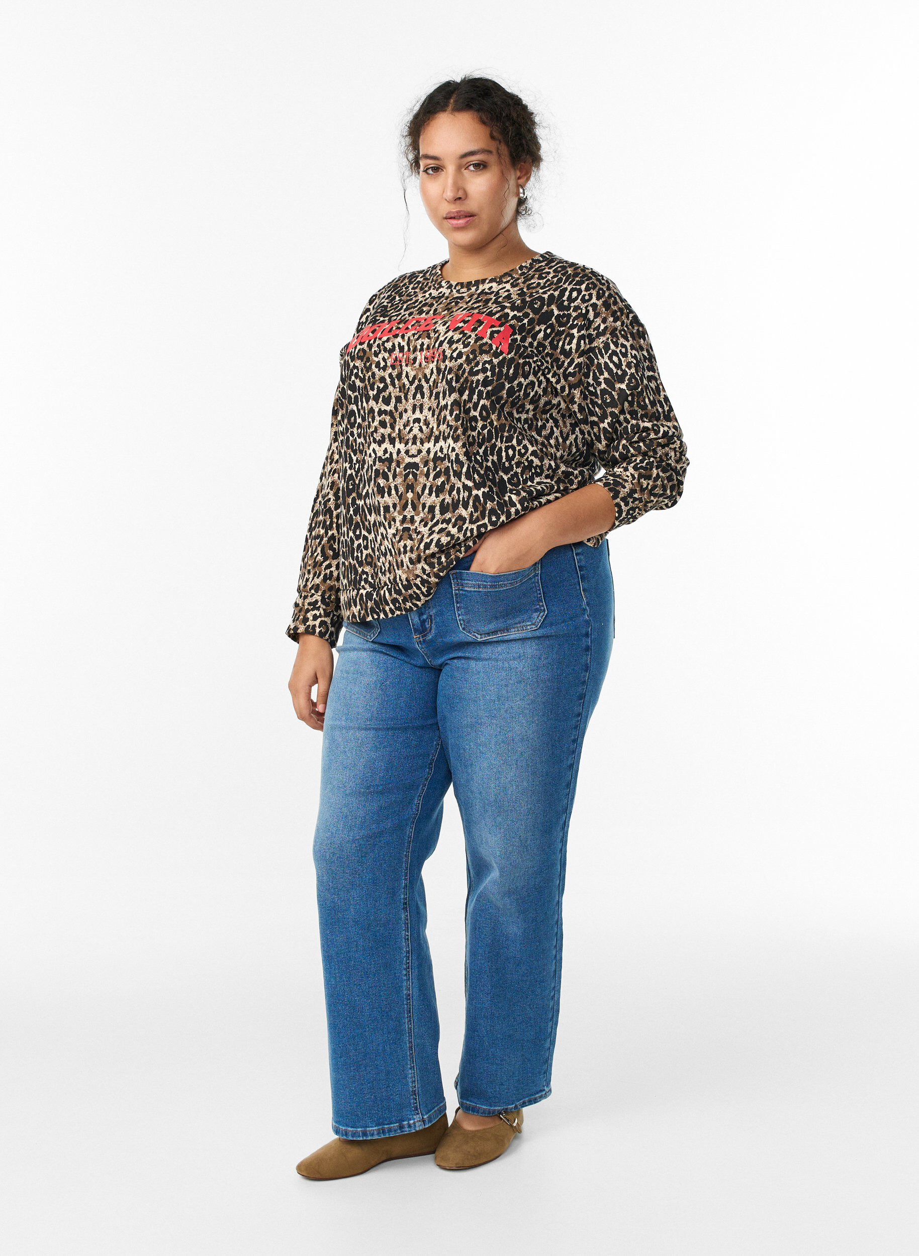 Zizzi Bluza z nadrukiem w stylu leopard oraz z nadrukiem z haslem, Brązowy, Model image number 1