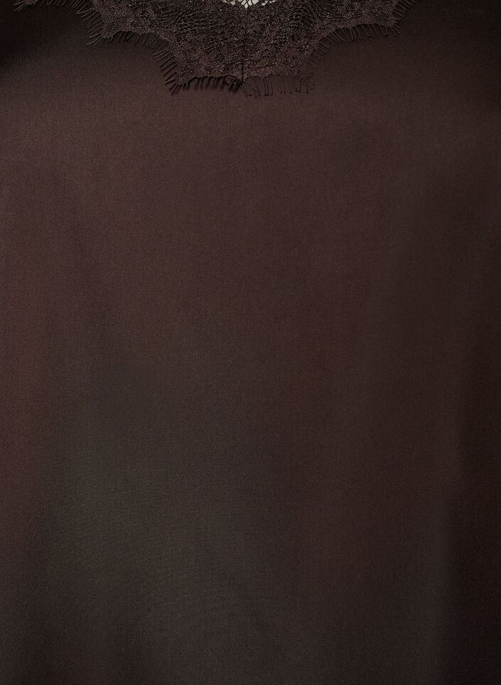 Bluzka satynowa z koronkowym wykonczeniem i asymetrycznym dolem, Brązowy, Packshot image number 2