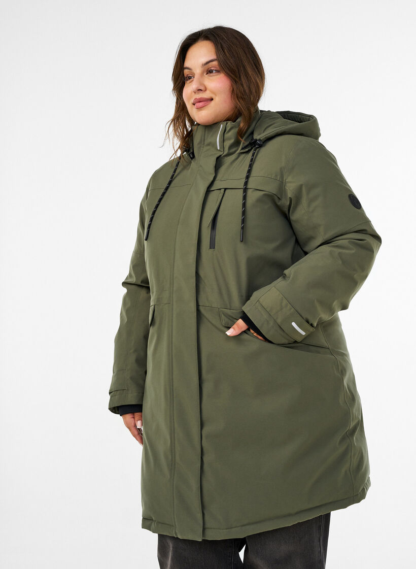 Hydrofobowa parka z kapturem i funkcjonalnymi detalami, Zielony, Model image number 0