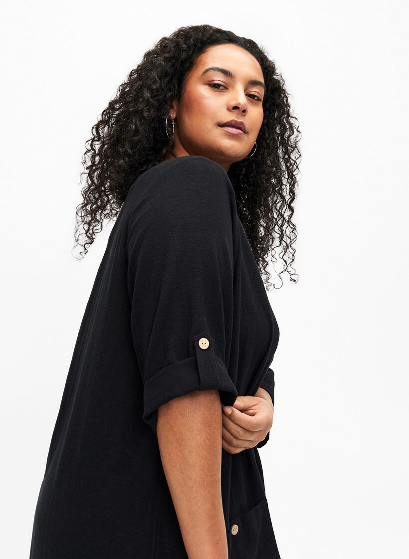 Tunika z rekawami 3/4 z mieszanki bawelny i lnu, Black, Model image number 2