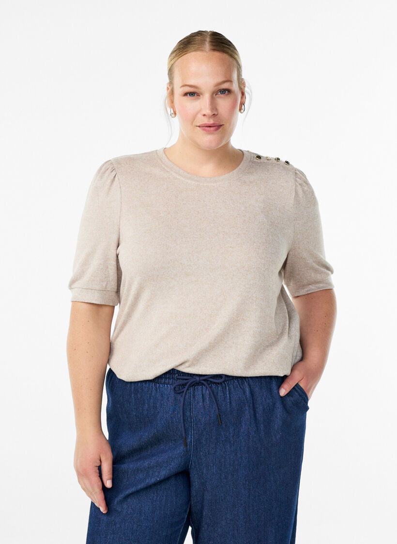 Bluzka z guzikami i kr&oacute;tkimi bufiastymi rekawami, Beżowy, Model image number 0