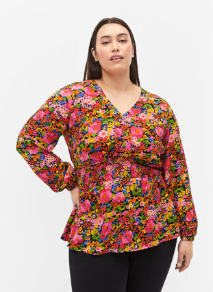 Kwiecista bluzka z wiskozy z marszczeniem, Neon Flower Print, Model image number 0