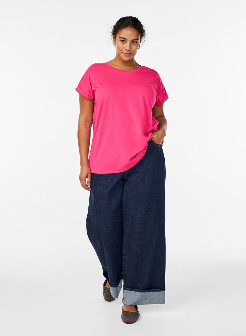 T-shirt z kr&oacute;tkim rekawem w mieszance bawelny, R&oacute;żowy, Model image number 1