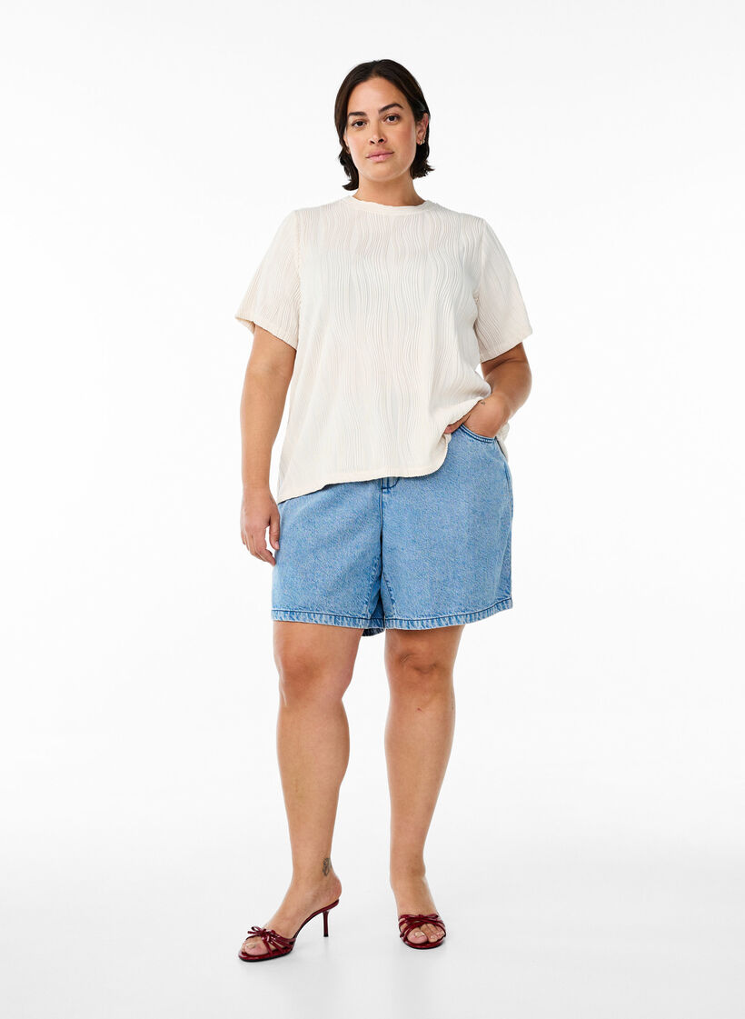 Bluzka z krótkim rekawem i falista faktura, Beżowy, Model image number 1