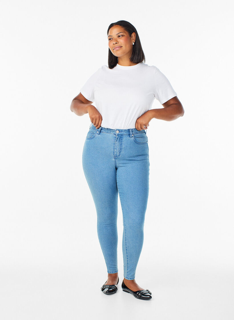 Jeansy super slim z wysokim stanem Amy, Niebieskie, Model image number 0