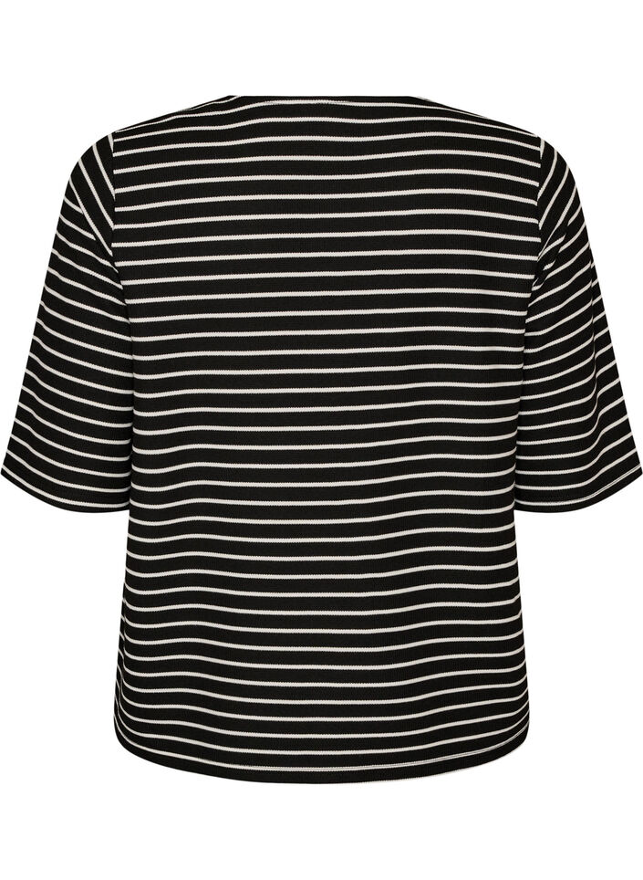 Bluzka z prazkowana faktura i zapieciem na guziki, Czarne, Packshot image number 1