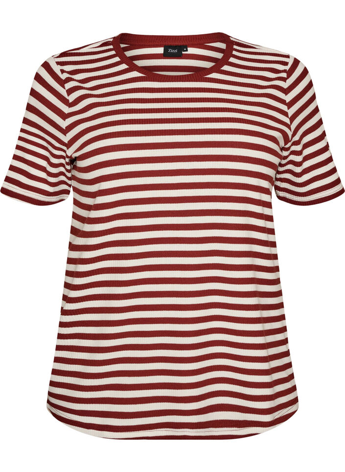 T-shirt w paski o prazkowanej fakturze, Czerwony, Packshot image number 0