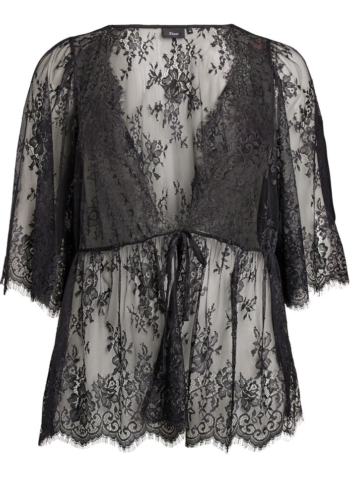 Bluzka koronkowa z kokardka i rekawami 3/4, Czarne, Packshot image number 0