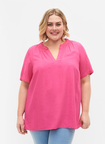 Wiskozowa bluzka z krótkimi rekawami i dekoltem w szpic, Shocking Pink, Model image number 0