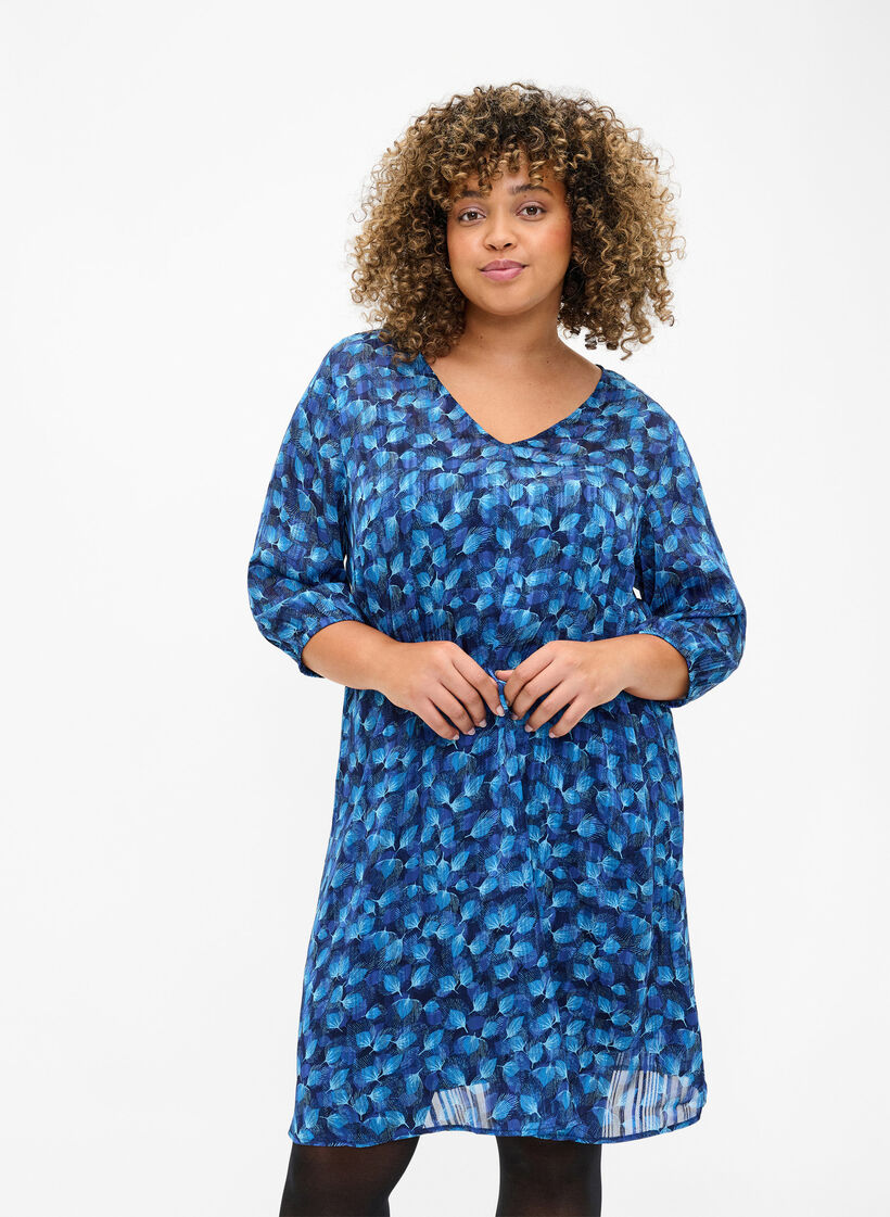 Sukienka z dekoltem w szpic i rekawami 3/4 z nadrukiem, Navy Blazer Leaf AOP, Model image number 0