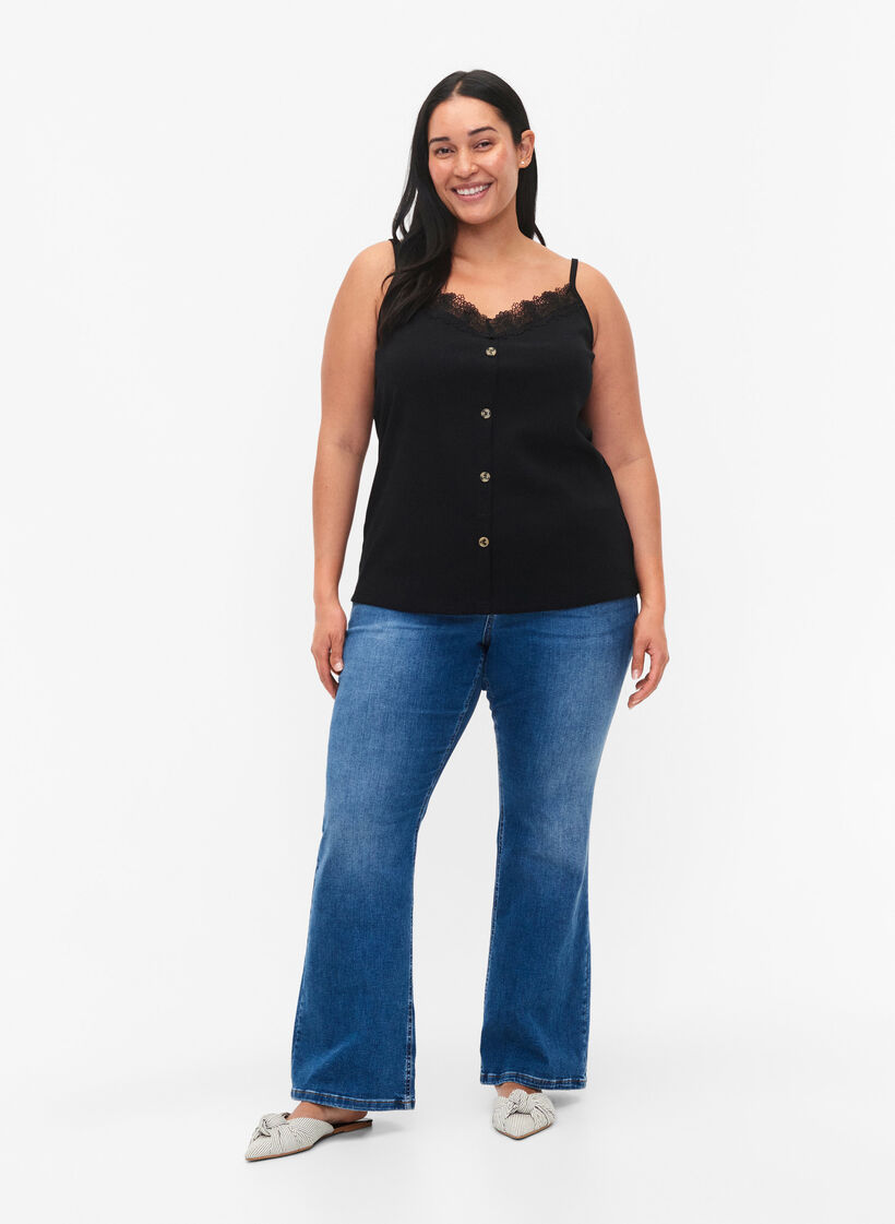 Top na ramiaczkach z koronkowym wykonczeniem i guzikami, Black, Model image number 1