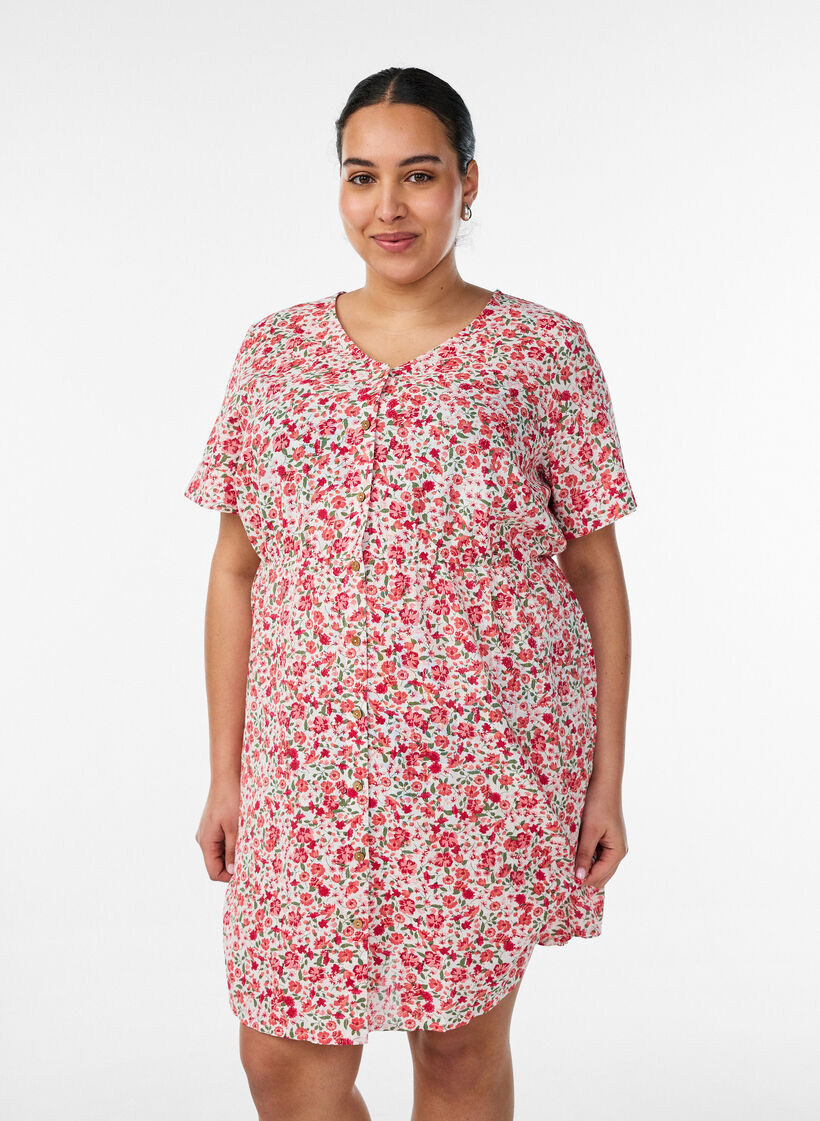 Kr&oacute;tka bawelniana sukienka z kwiatowym nadrukiem, Czerwony, Model image number 0