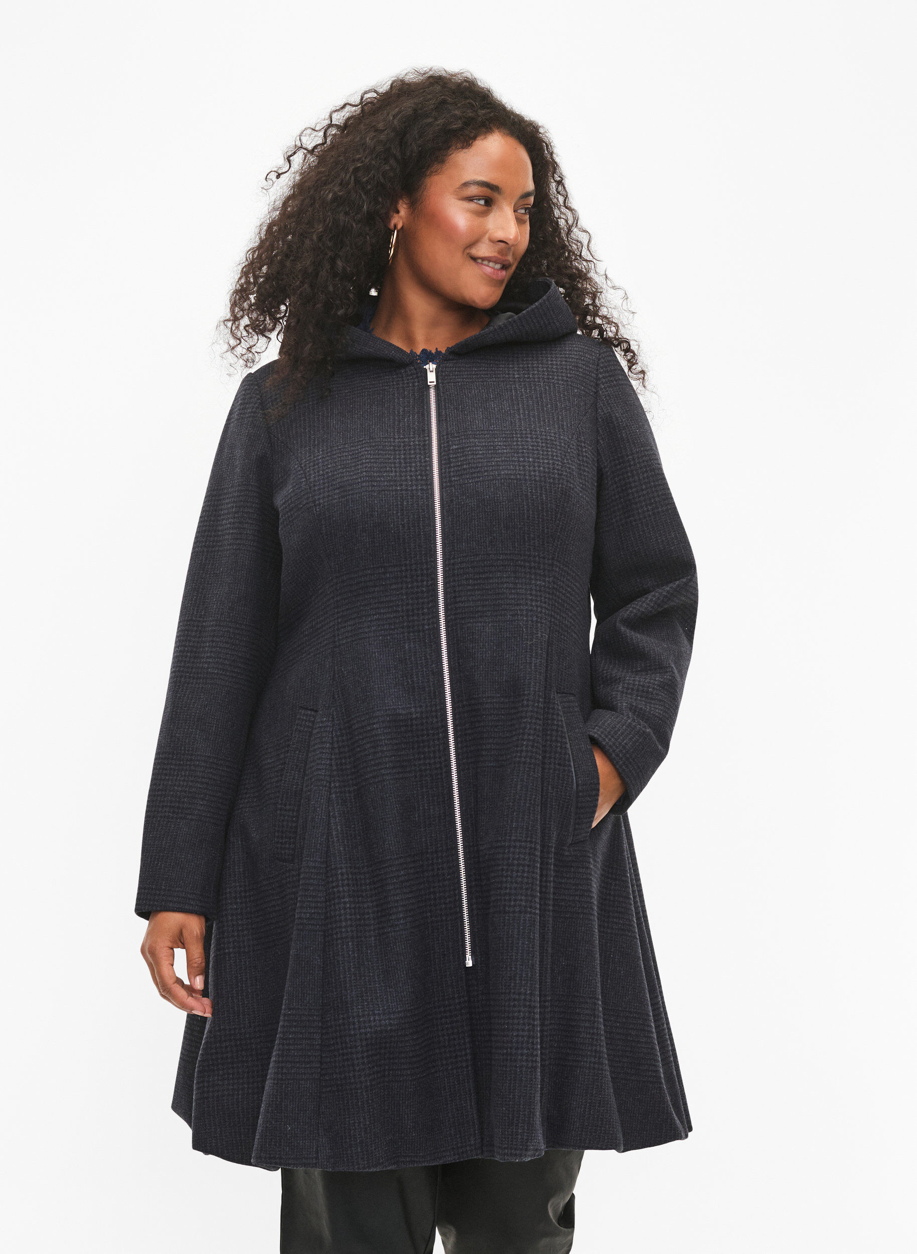 Zizzi Plaszcz w kratke z welna, Dark Grey Melange, Model image number 0