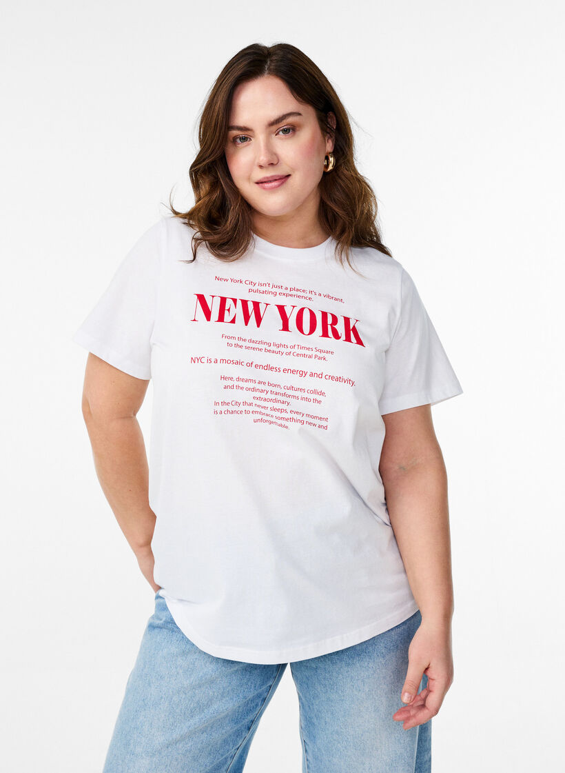 T-shirt z nadrukiem tekstowym i okraglym dekoltem, Biały, Model image number 0
