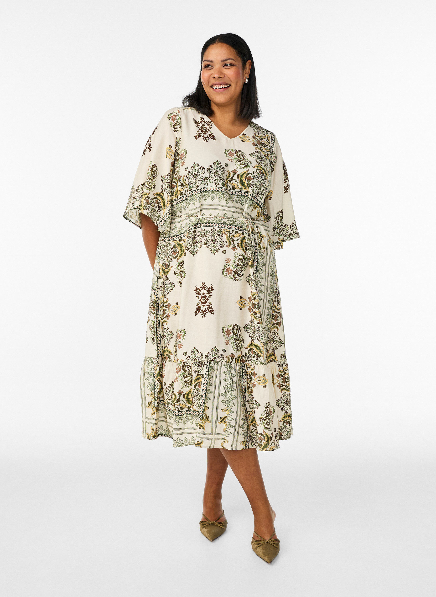 Zizzi Sukienka midi z wiskozy w krate z paskiem do wiazania, Zielony, Model image number 0