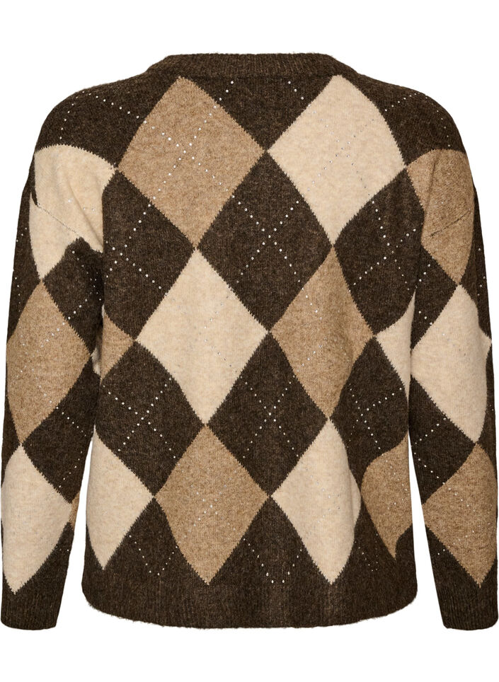 Sweterek dzianinowy w krate argyle i ze srebrnymi cekinami, Brązowy, Packshot image number 1
