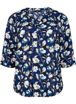 Bluzka w kwiaty z rekawami 3/4, P. Blue Flower AOP, Packshot image number 0