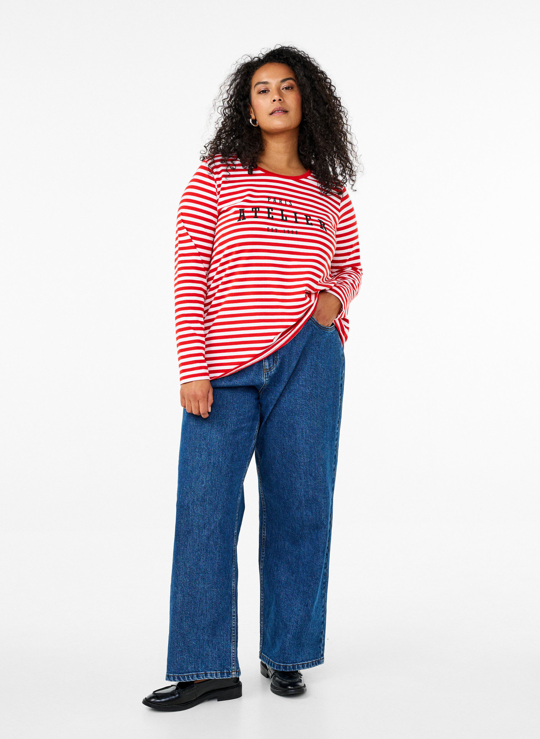 Zizzi Bluzka w paski z motywem, Whitew.FlameS.Stripe, Model image number 2