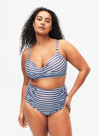 Dól bikini w paski z wysokim stanem, BlueBrown Stripe AOP, Model
