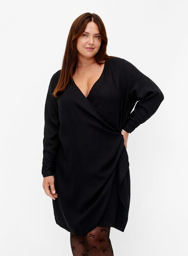 Kopertowa sukienka z wiskozy z dlugimi rekawami, Black, Model image number 0
