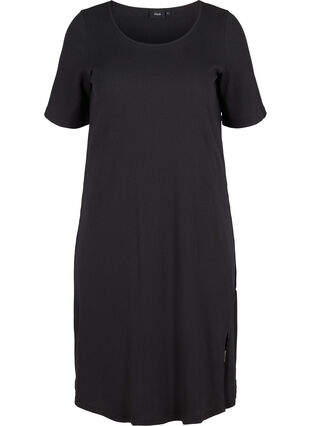Short-sleeved dress in a ribbed fabric , Black, Packshot image number 0