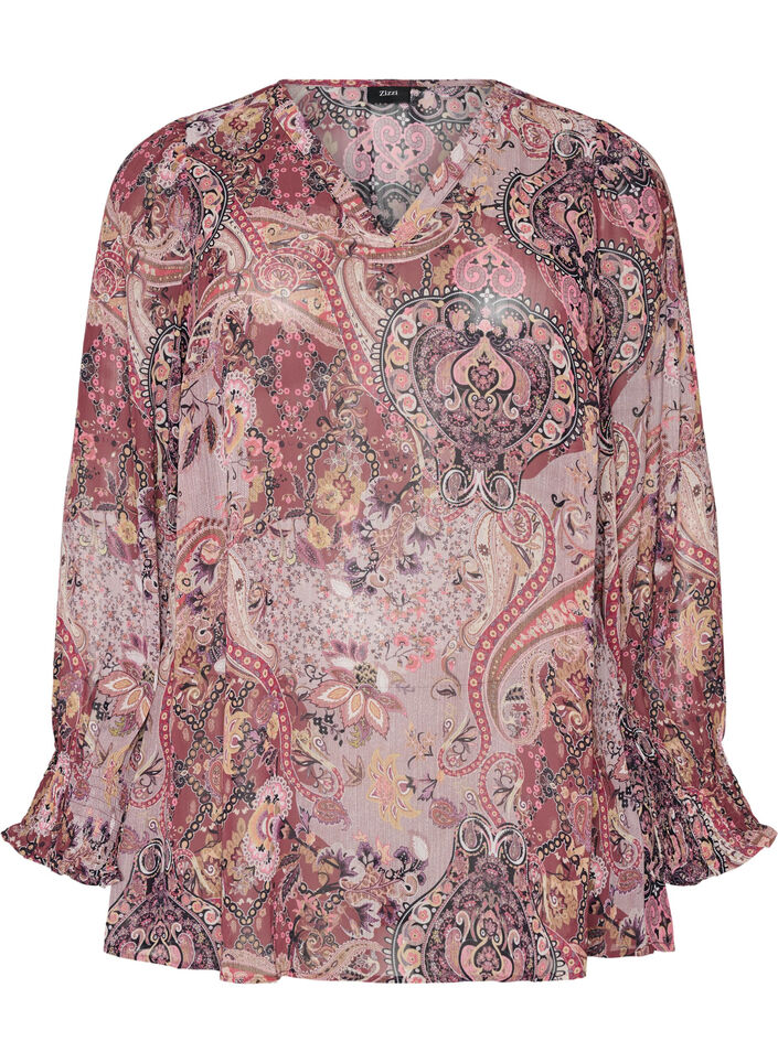 Tunika z nadrukiem w stylu paisley i marszczonymi mankietami, R&oacute;żowy, Packshot image number 0