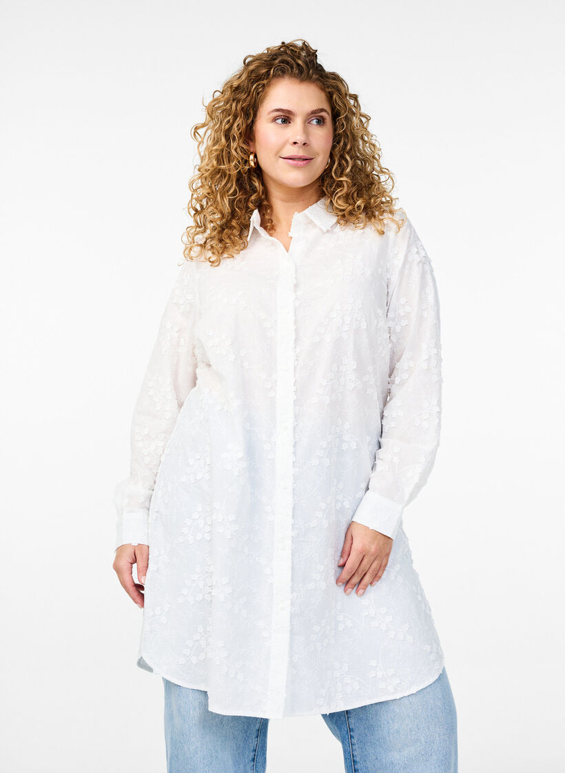 Sukienka koszulowa z haftowanymi kwiatami, Biały, Model image number 0