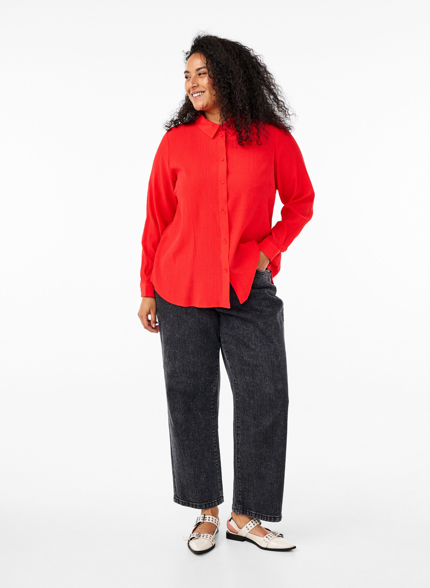 Zizzi Koszula z faktura w paski, Czerwony, Model image number 1