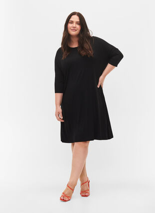 Dzersejowa sukienka z wiskozy z rekawem 3/4, Black, Model image number 2