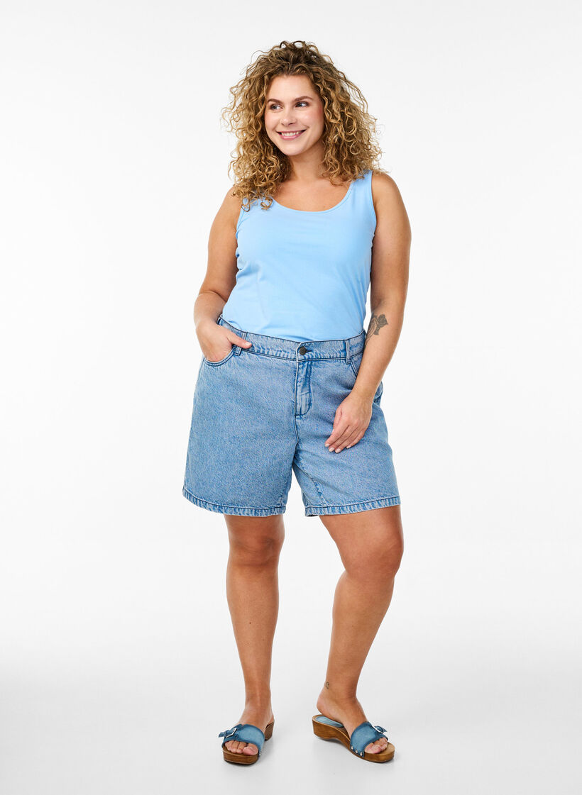 Podstawowy top bawelniany w jednolitym kolorze, Niebieskie, Model image number 1