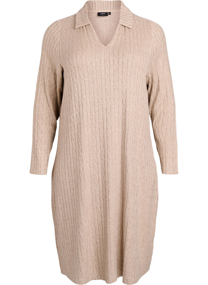 Sukienka z warkoczowa struktura i dekoltem w serek, Beżowy, Packshot image number 0