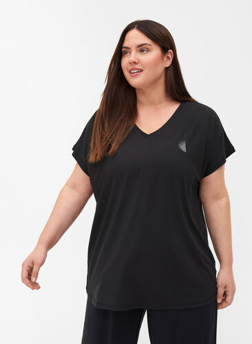 Sportowa koszulka z krótkim rekawem i dekoltem w szpic, Black, Model image number 0