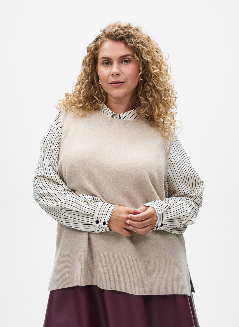 Dzianinowy bezrekawnik ze sciagaczem na brzegach, Beżowy, Model image number 0