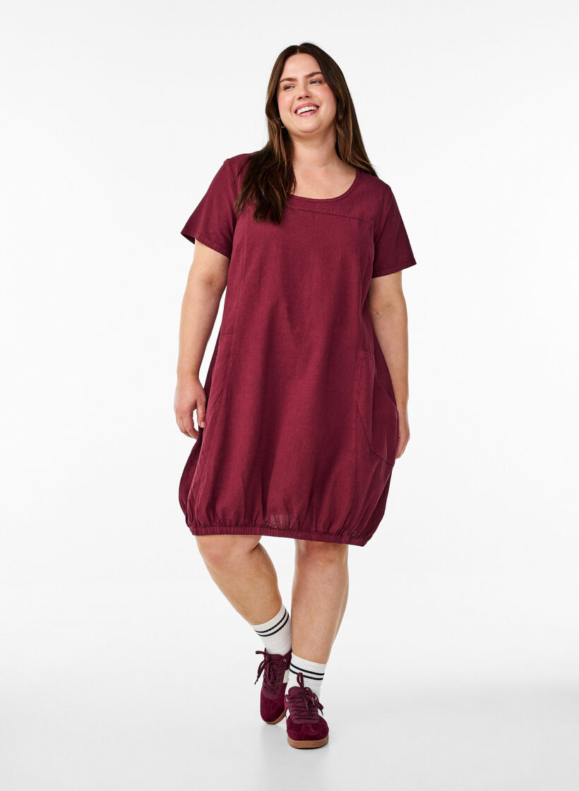 Bawelniana sukienka z kr&oacute;tkim rekawem, Ciemnobordowy, Model image number 1