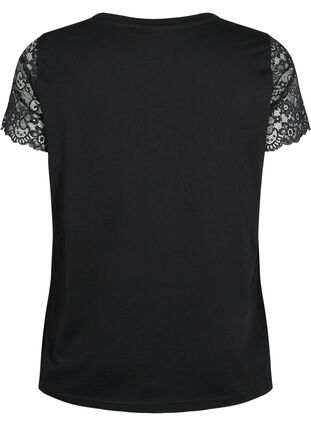 Bawelniany t-shirt z krótkimi, koronkowymi rekawami, Black, Packshot image number 1
