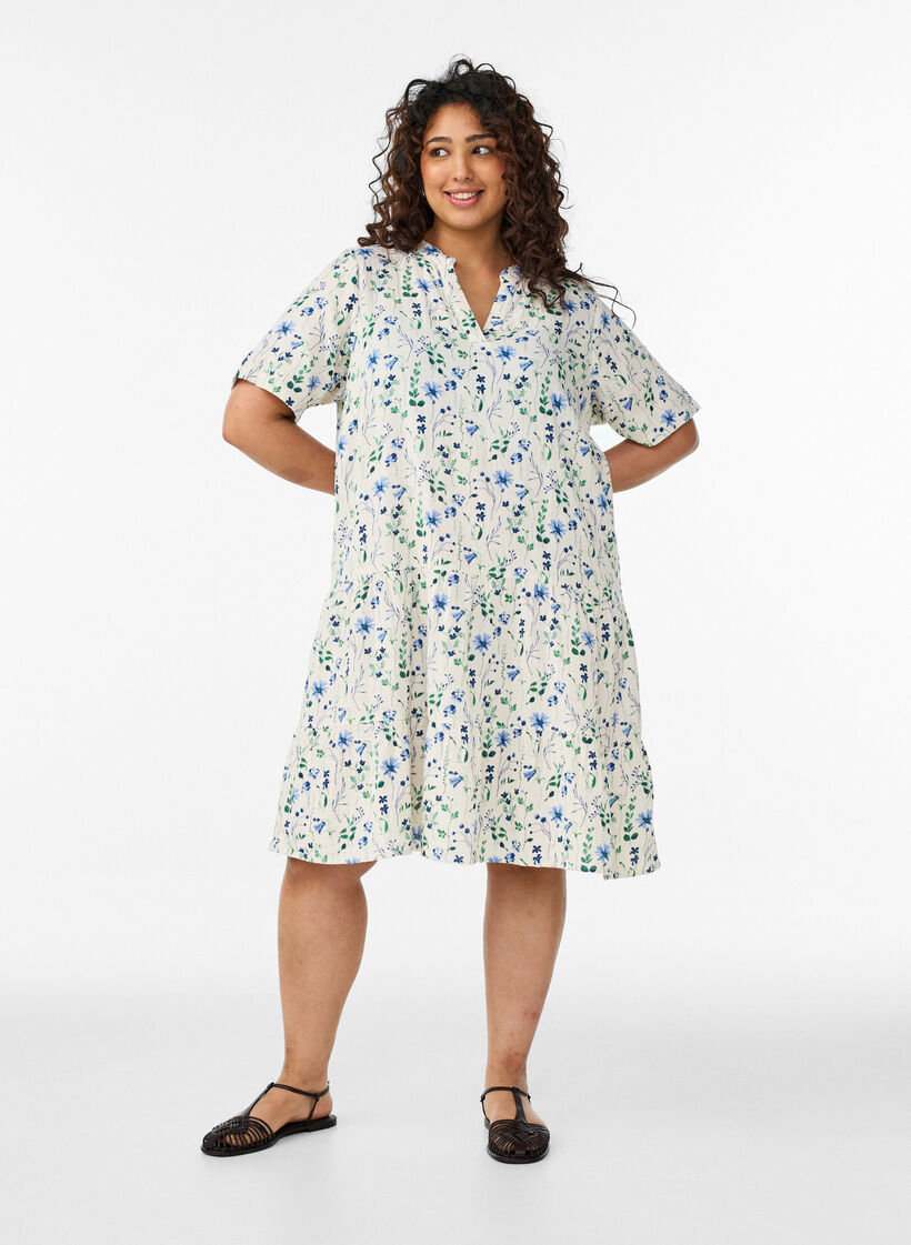 Kr&oacute;tka sukienka o linii A z bawelnianego muslinu, Beżowy, Model image number 1