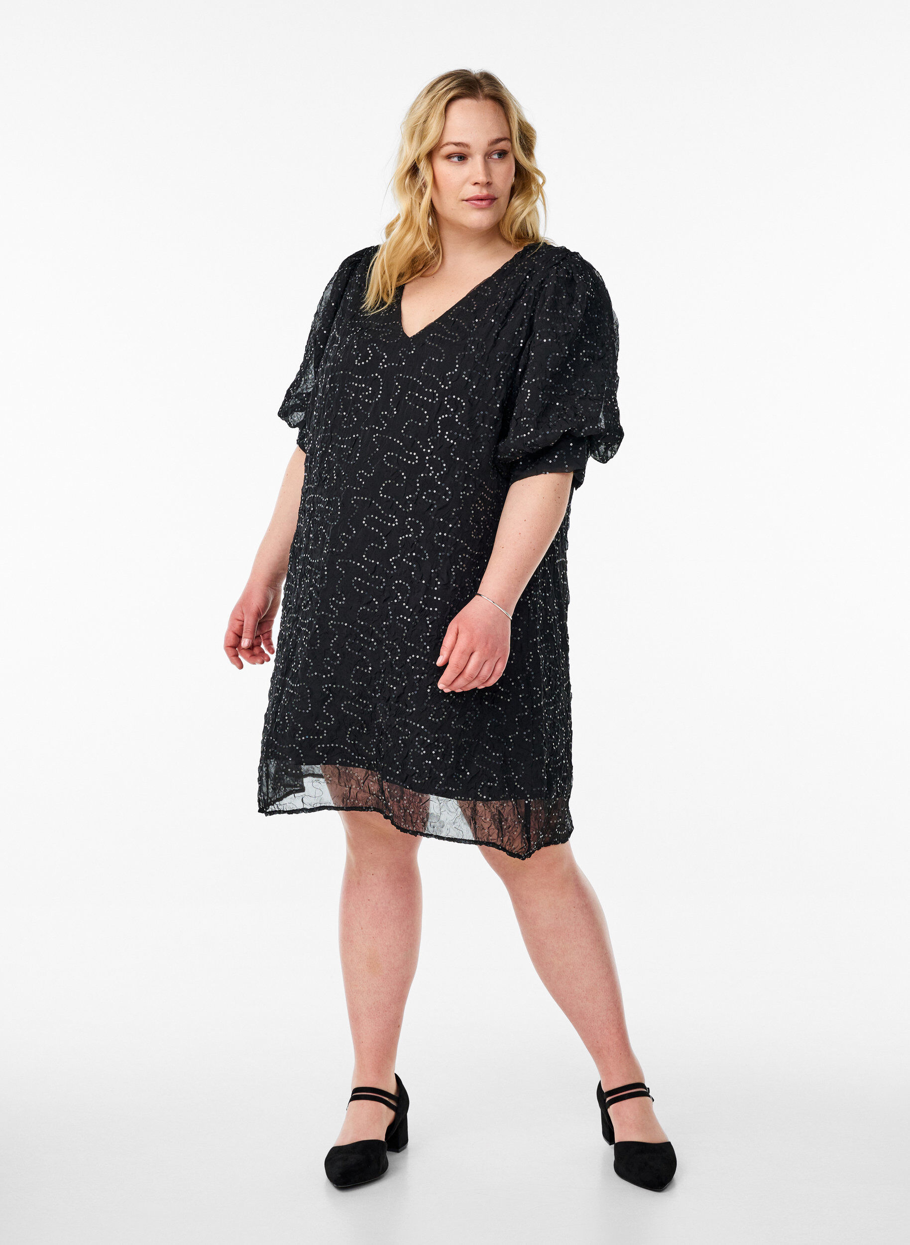 Zizzi Kr&oacute;tka sukienka imprezowa z cekinami, Czarne, Model image number 1