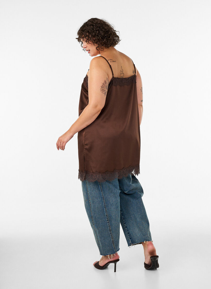 Dlugi satynowy top z koronkowym wykonczeniem, Brązowy, Model image number 2