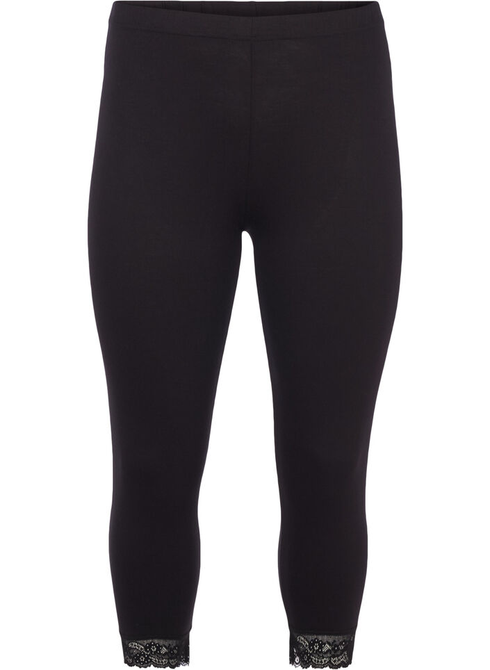 Legginsy 3/4 w stylu basic z koronkowymi brzegami, Czarne, Packshot image number 0