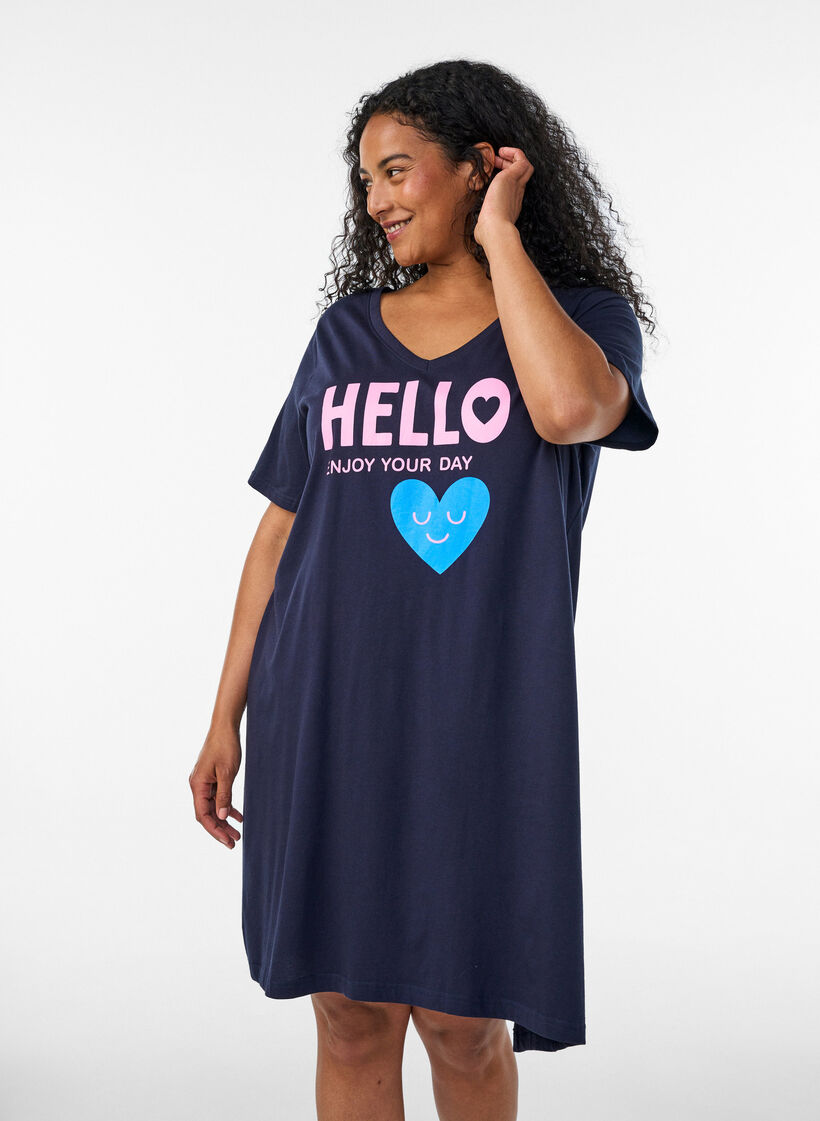 Koszula nocna z bawelny organicznej z dekoltem w szpic, Niebieskie, Model image number 0