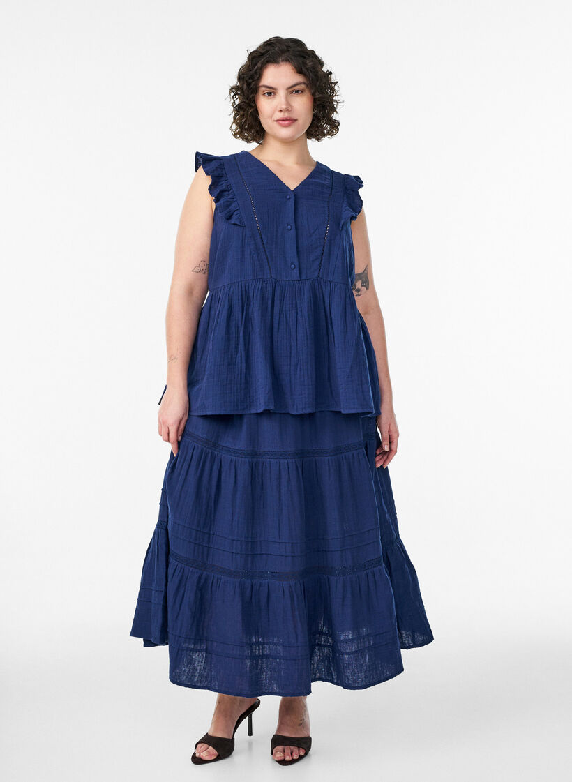 Sp&oacute;dniczka midi w kroju A z bawelnianej muslinowej tkaniny z koronkowym pasem, Niebieskie, Model image number 0