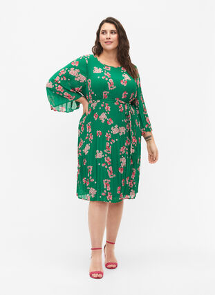Wzorzysta plisowana sukienka z wiazaniem, Jolly Green Flower, Model image number 2