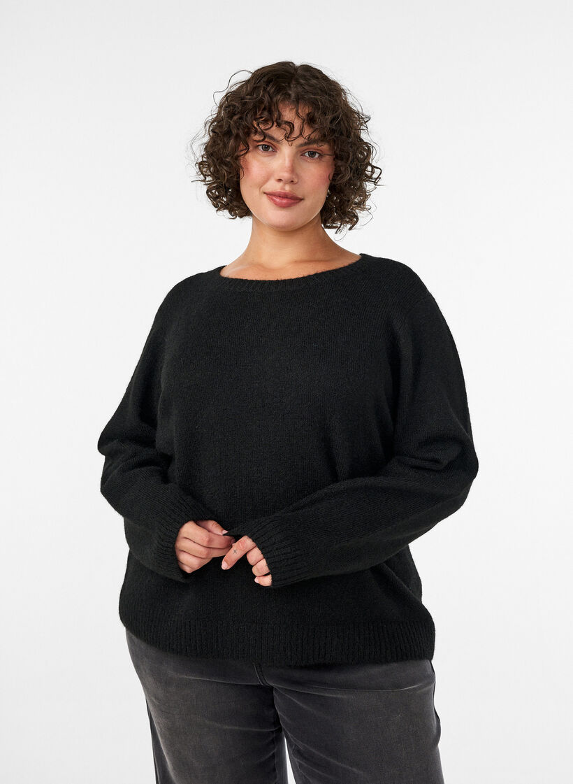 Luzny sweter z okraglym dekoltem, Czarne, Model image number 0